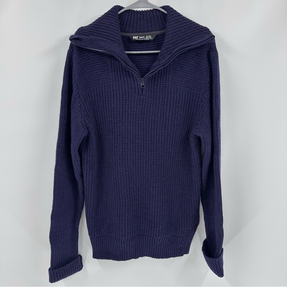 Helly Hansen dark purple Lambswool ribbed collar heavy knit sweater 1/4 zip sz M